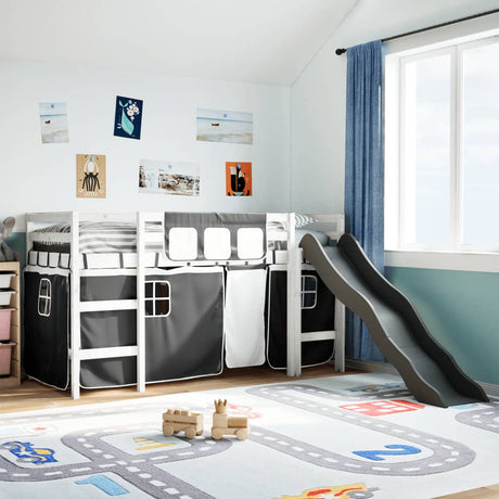 Kids' Loft Bed With Curtains White&Black Solid Wood Pine