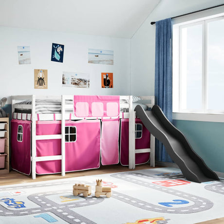 Kids' Loft Bed With Curtains White&Black Solid Wood Pine