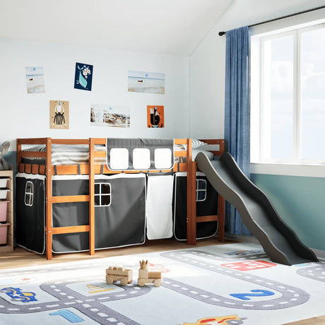 Kids' Loft Bed With Curtains White&Black Solid Wood Pine