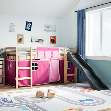 Kids' Loft Bed With Curtains White&Black Solid Wood Pine