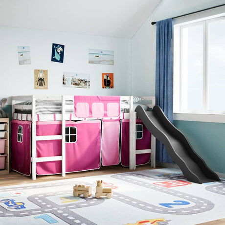 Kids' Loft Bed With Curtains White&Black Solid Wood Pine