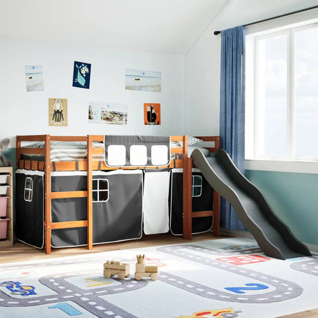 Kids' Loft Bed With Curtains White&Black Solid Wood Pine