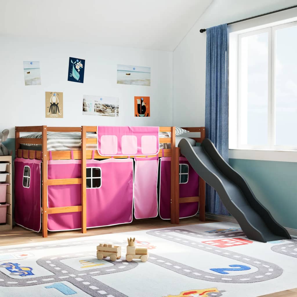 Kids' Loft Bed With Curtains White&Black Solid Wood Pine