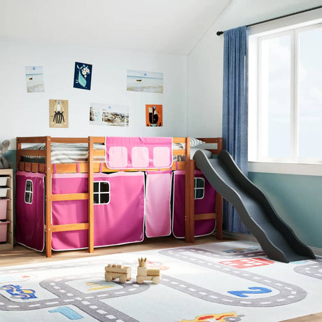 Kids' Loft Bed With Curtains White&Black Solid Wood Pine