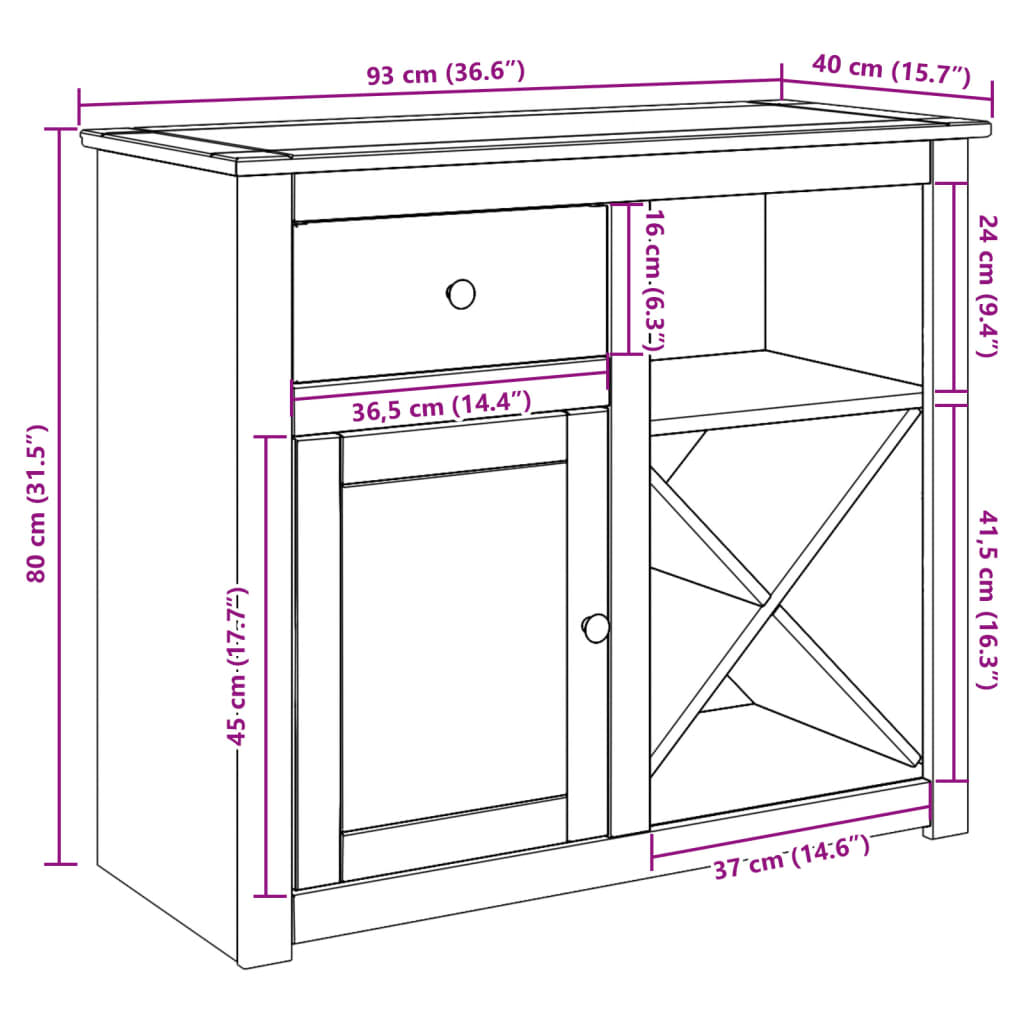 Sideboard With Drawer Panama 93X40X80 Cm Solid Wood Pine