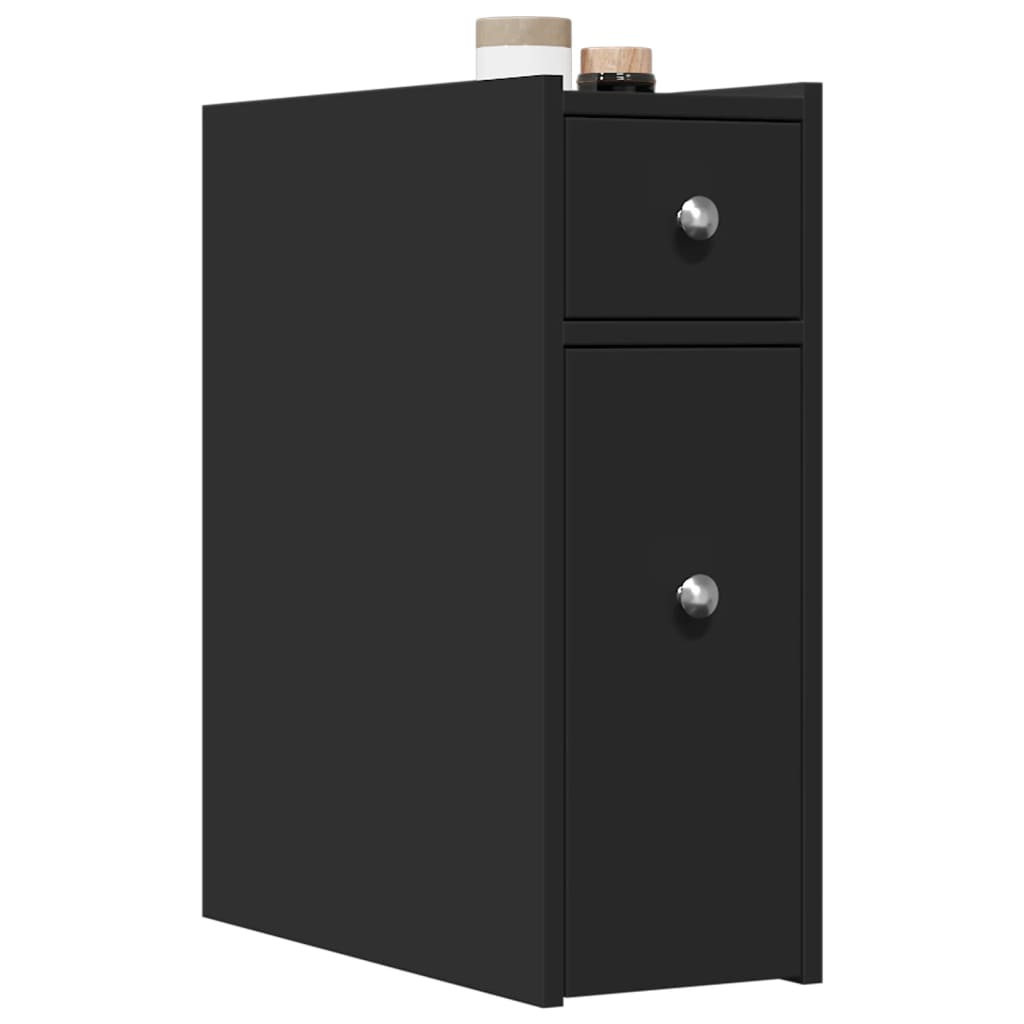 Narrow Bathroom Cupboard with Wheels Black Engineered Wood