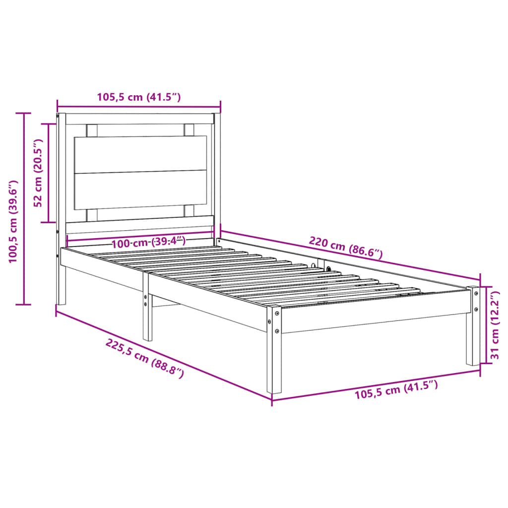 Extra Long Bed Frame without Mattress 100x220 cm Solid Wood
