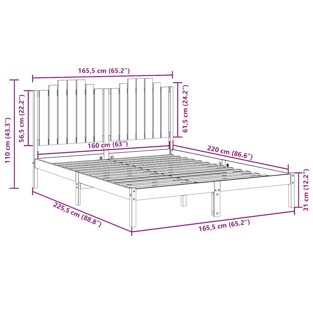 Extra Long Bed Frame without Mattress 160x220 cm Solid Wood