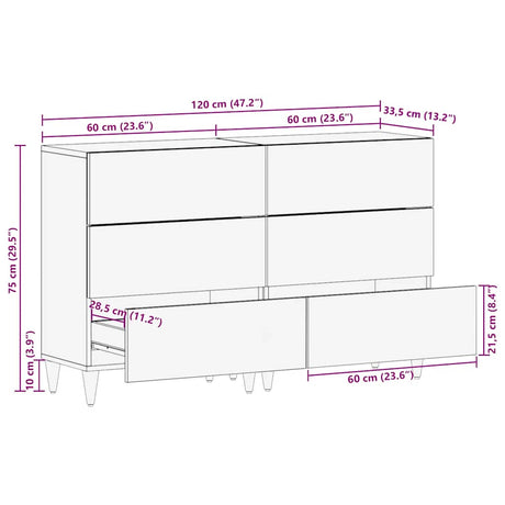 Sideboards 2 Pcs Light Grey 60X33.5X75 Cm Solid Wood Mango
