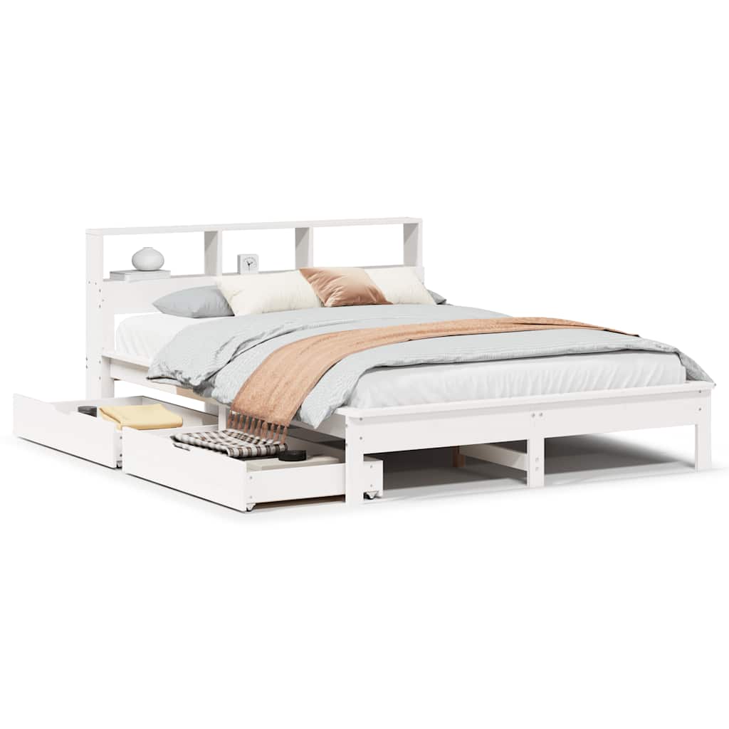 Bookcase Bed without Mattress White 150x200 cm King Size Solid Wood Pine