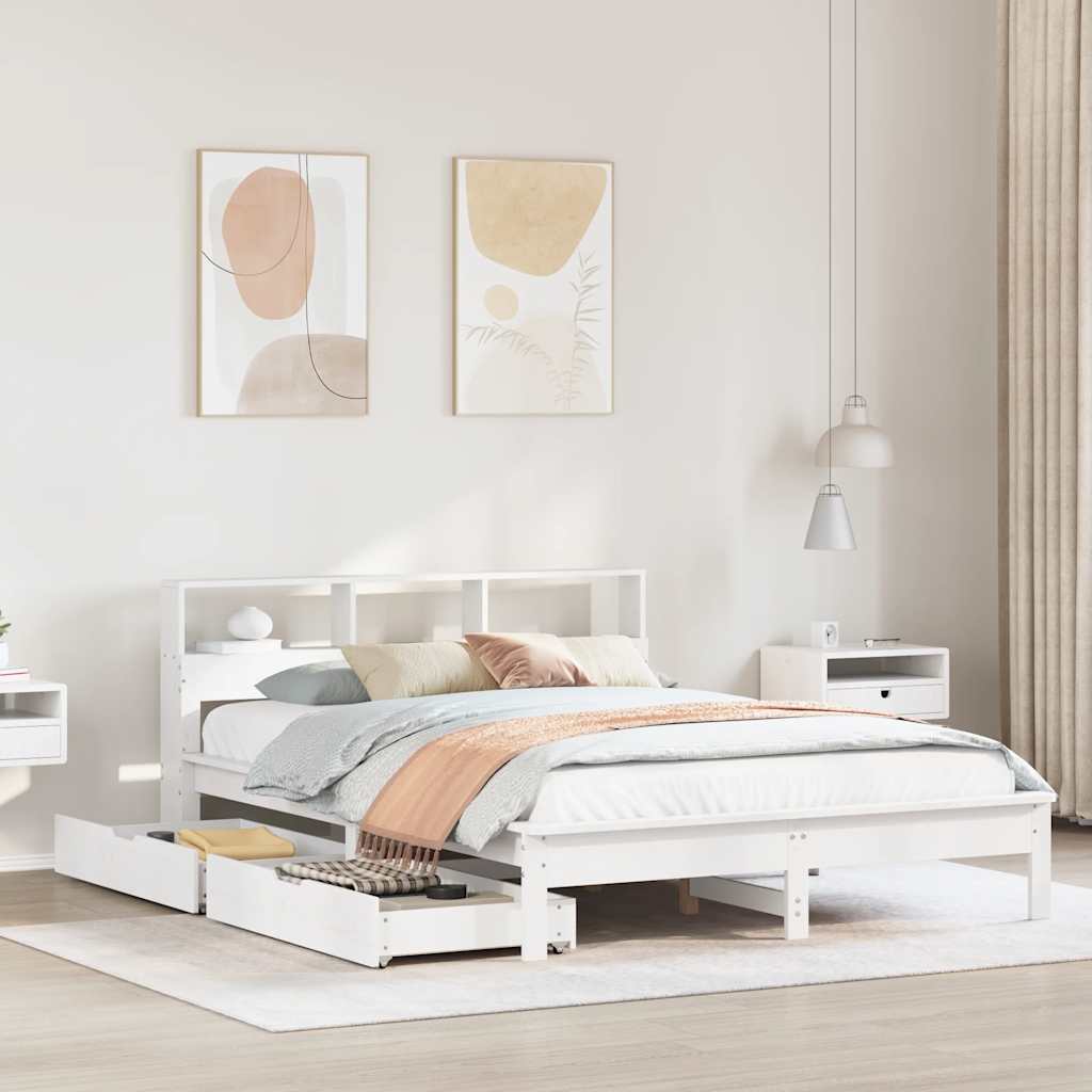 Bookcase Bed without Mattress White 150x200 cm King Size Solid Wood Pine