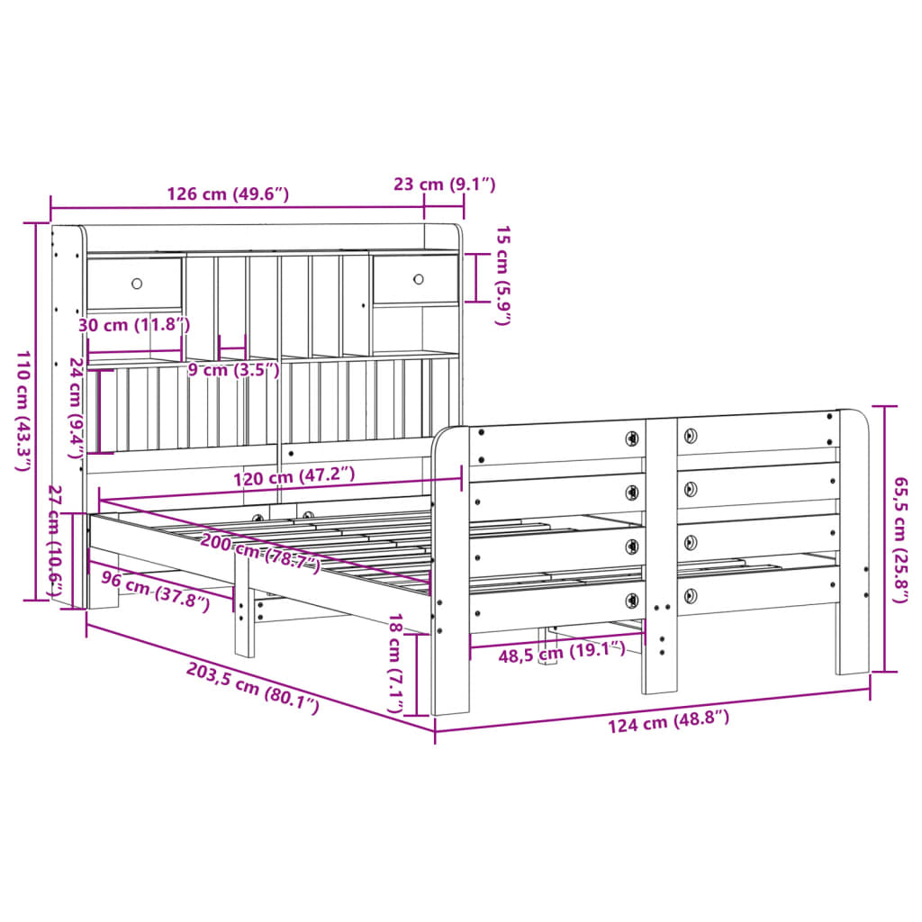 Bookcase Bed without Mattress Wax Brown 120x200 cm Solid Wood Pine