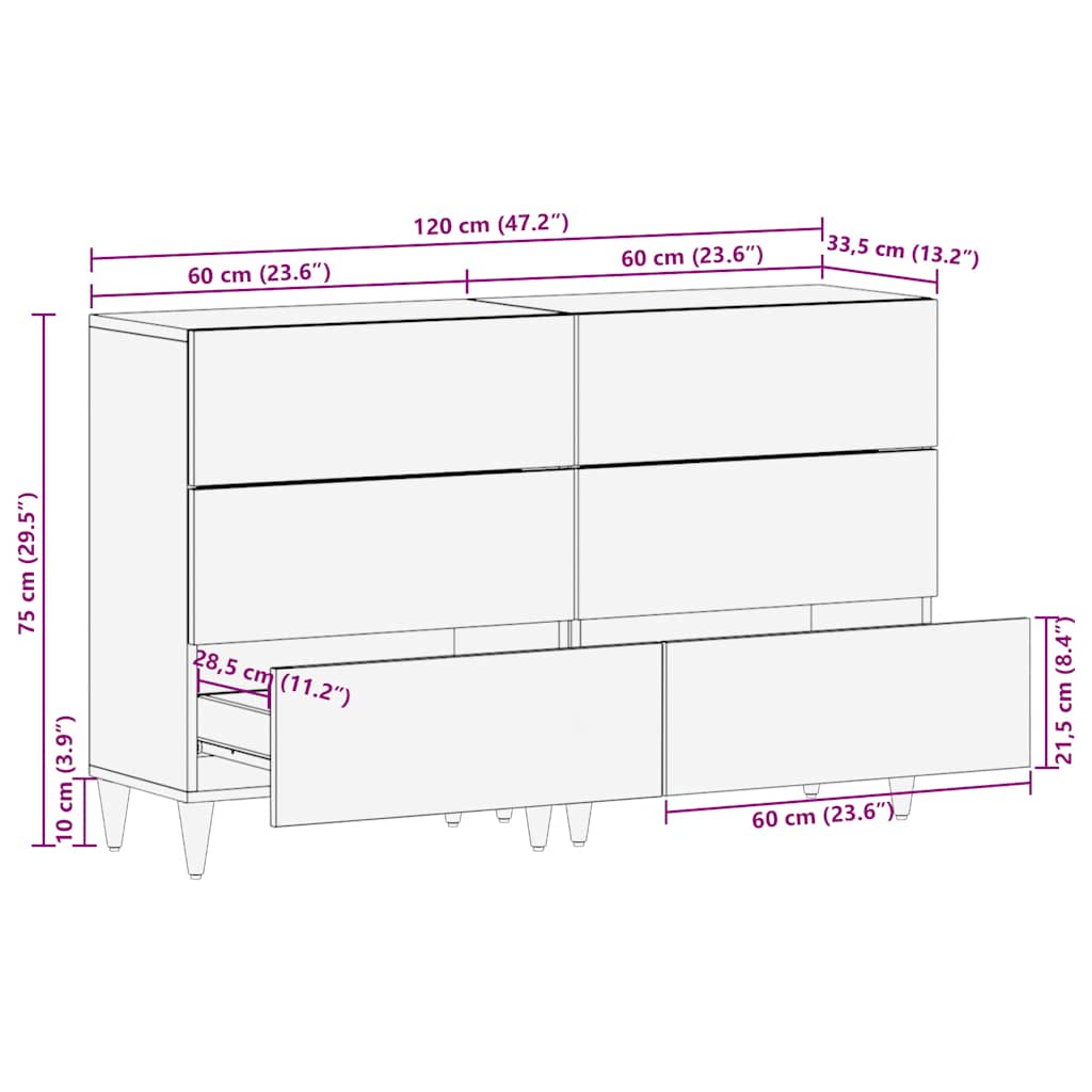 Sideboards 2 Pcs 60X33.5X75 Cm Solid Wood Mango