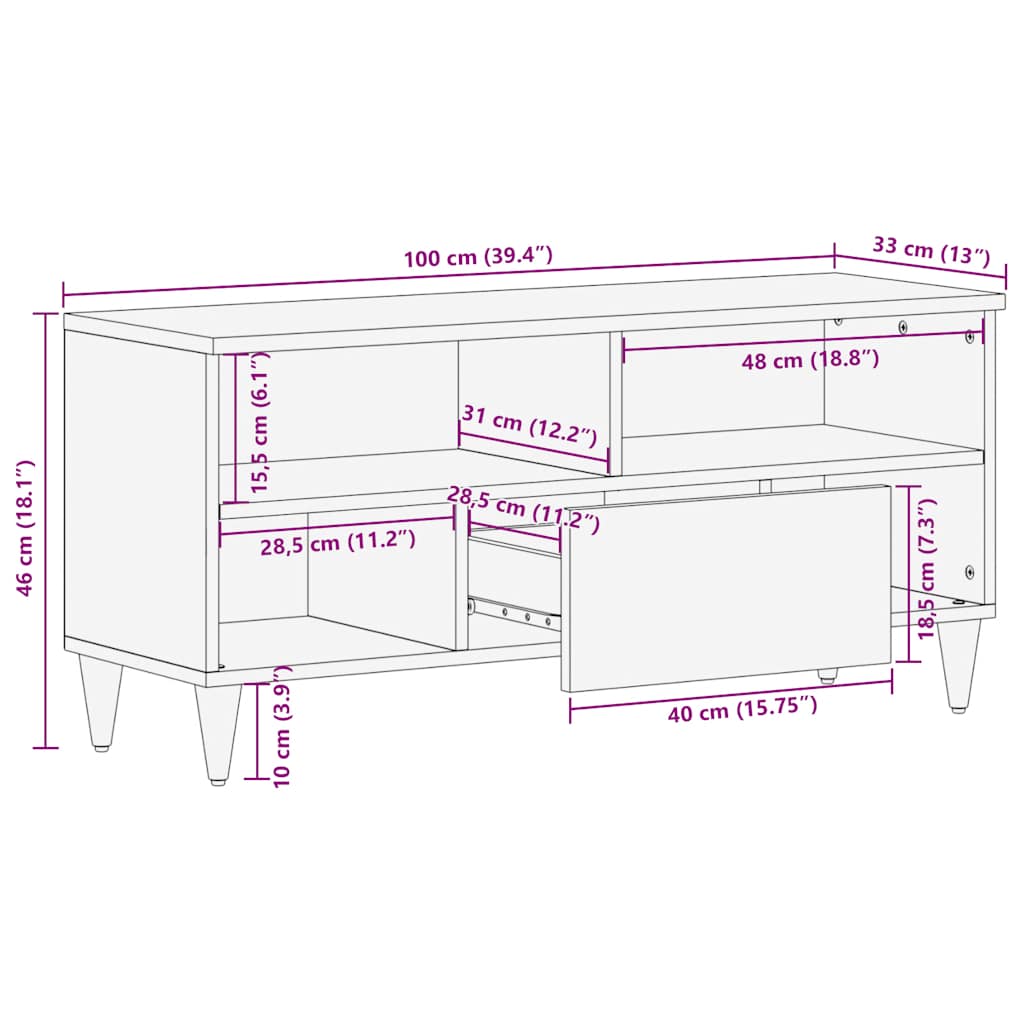 Tv Cabinet Black 100X33X46 Cm Solid Wood Mango