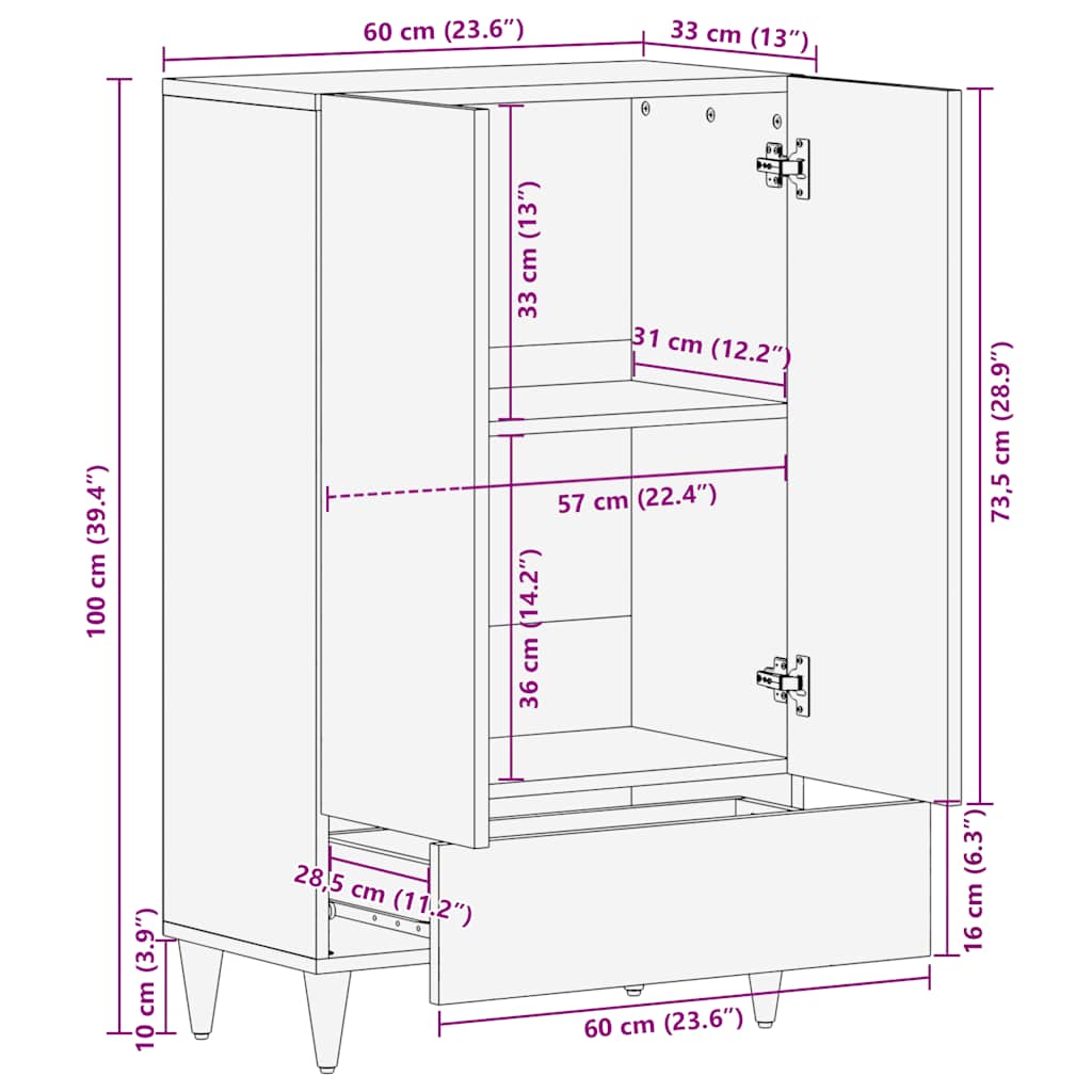 Highboard 60X33X110 Cm Solid Wood Mango