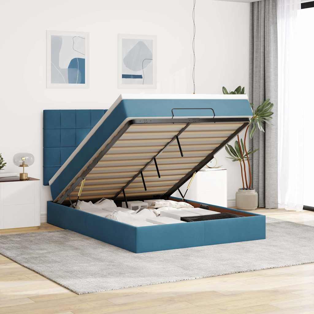 Ottoman Bed with Mattresses Dark Blue 140x190cm Velvet