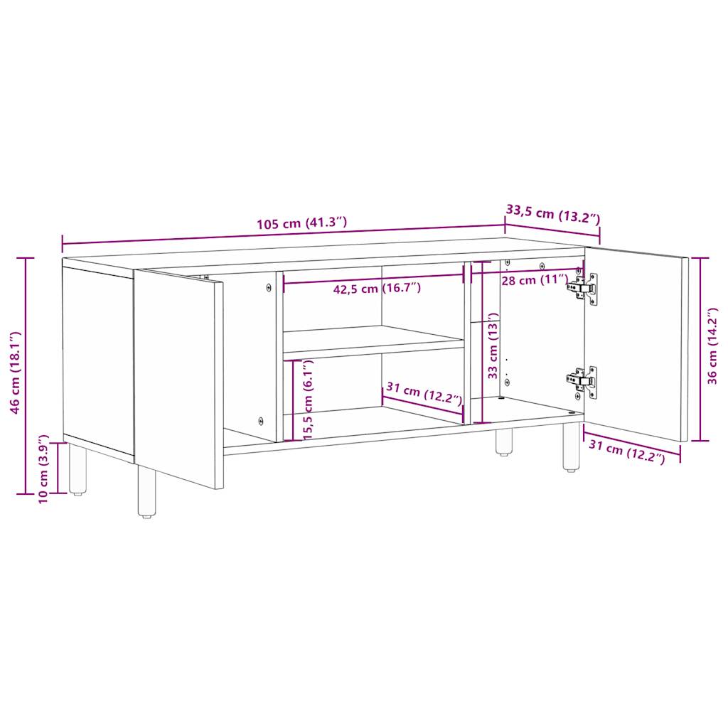 Tv Cabinet Black 105X33.5X46 Cm Solid Rough Wood Mango