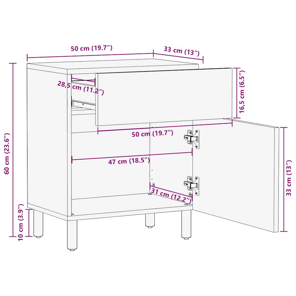 Bed Cabinet Black 50X33X60 Cm Solid Rough Wood Mango