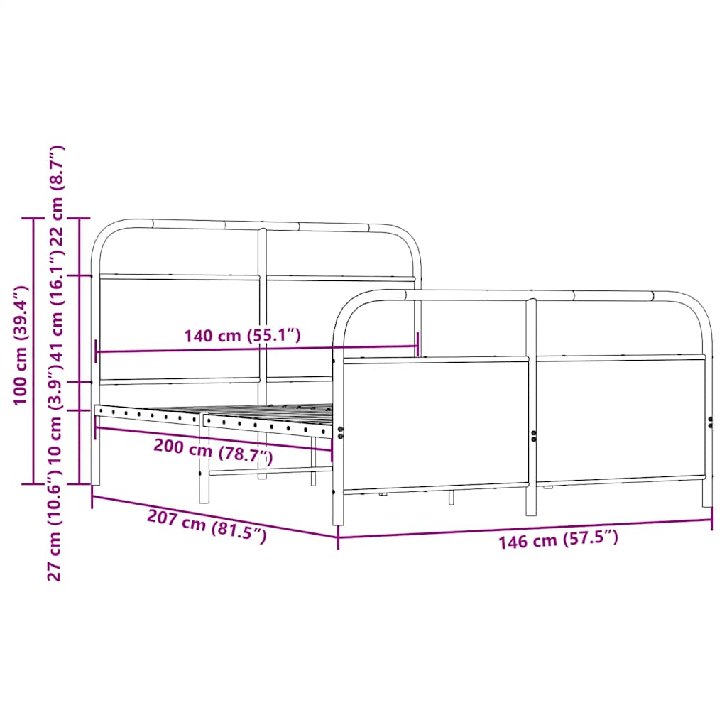 Metal Bed Frame without Mattress Sonoma Oak 140x200 cm