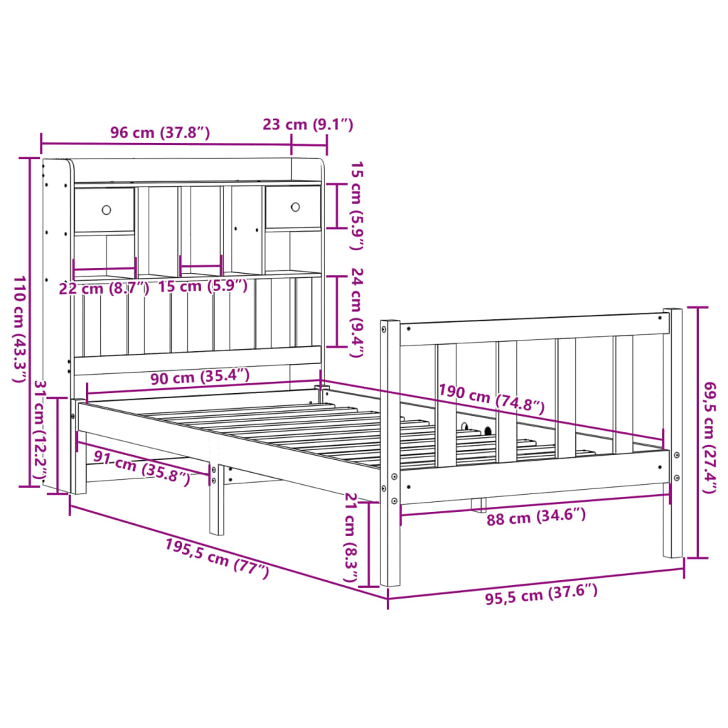 Bookcase Bed Without Mattress Single Solid Wood Pine