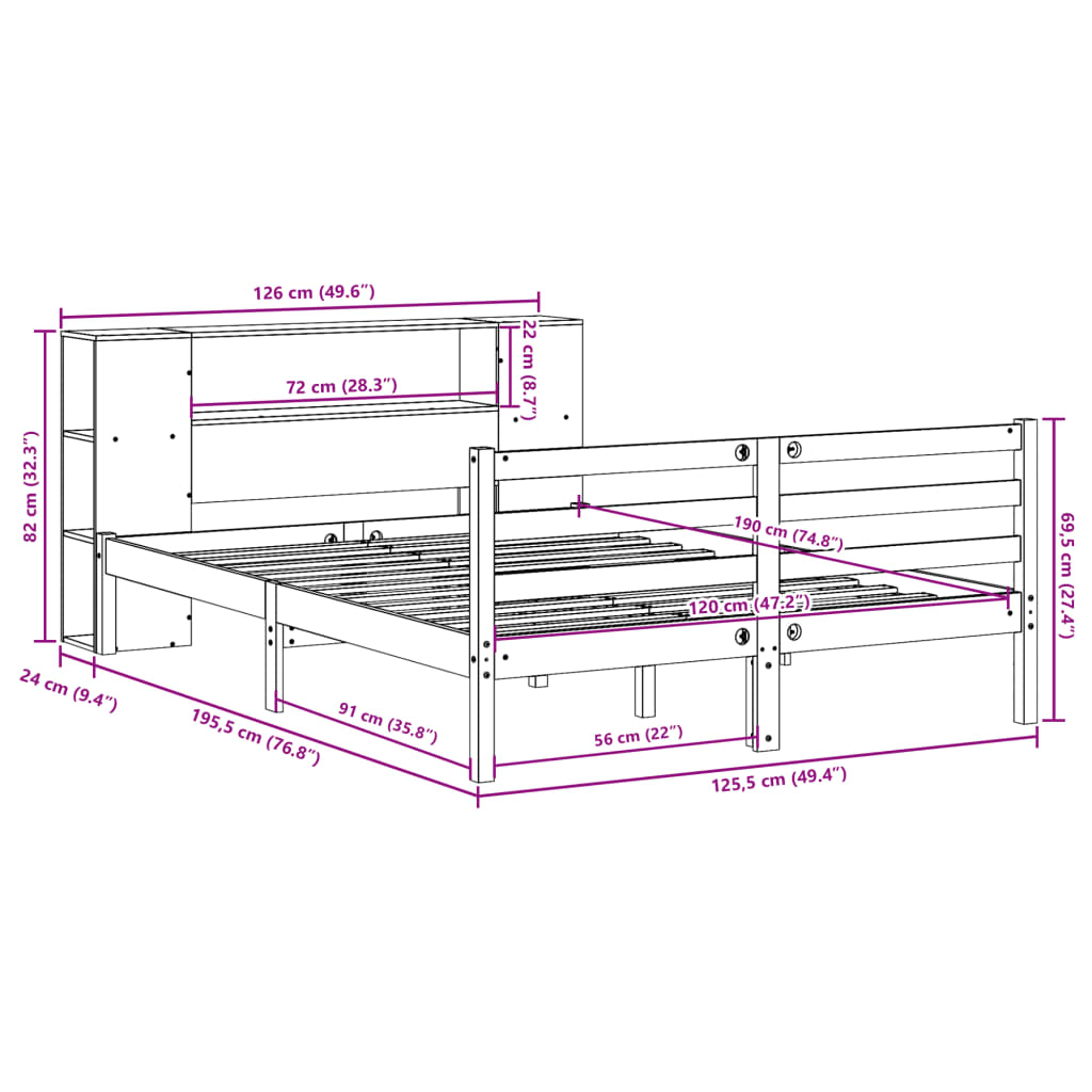Bookcase Bed without Mattress White 120x190 cm Small Double Solid Wood Pine