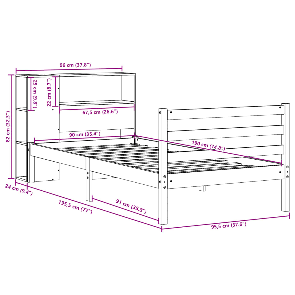 Bookcase Bed Without Mattress Single Solid Wood Pine