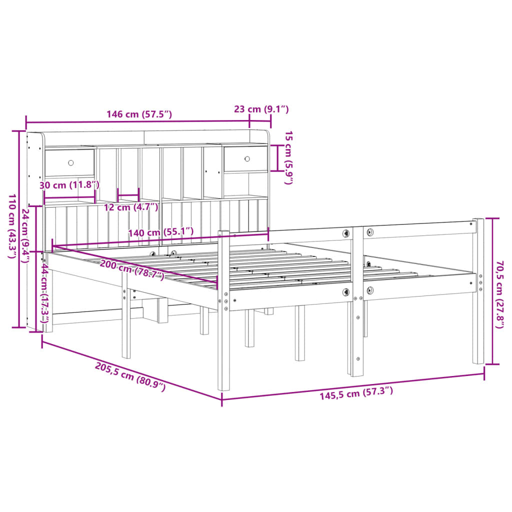 Bookcase Bed without Mattress White 140x200 cm Solid Wood Pine