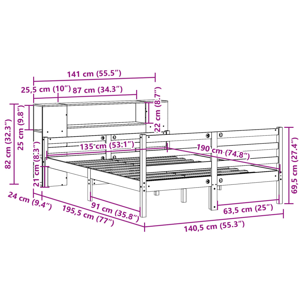 Bookcase Bed Without Mattress Double Solid Wood Pine
