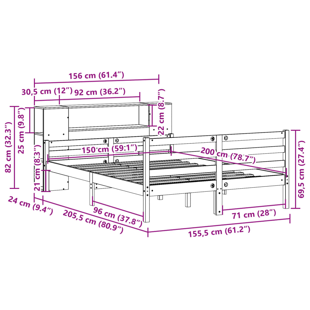 Bookcase Bed without Mattress 150x200 cm King Solid Wood Pine