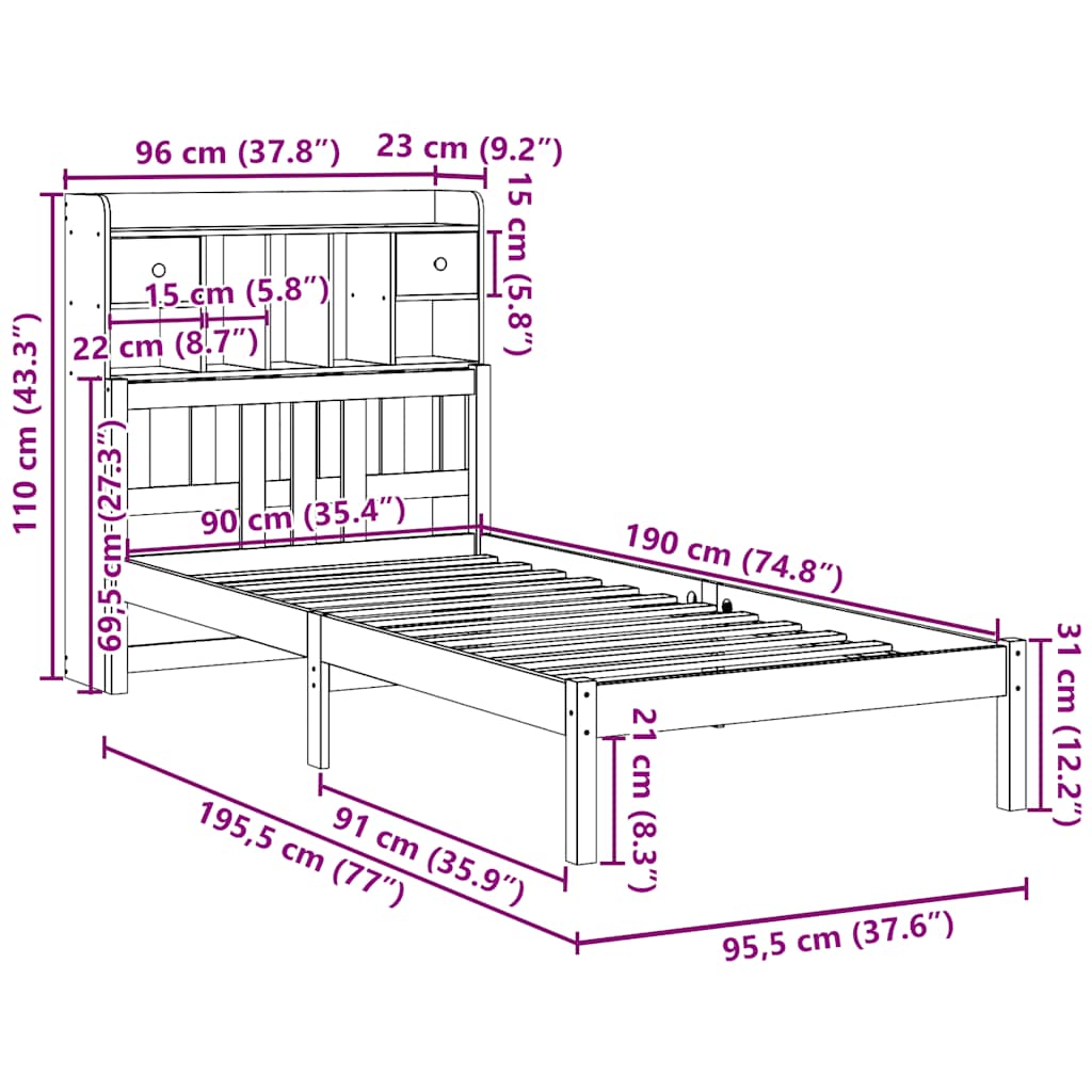 Bookcase Bed without Mattress 90x190 cm Single Solid Wood Pine
