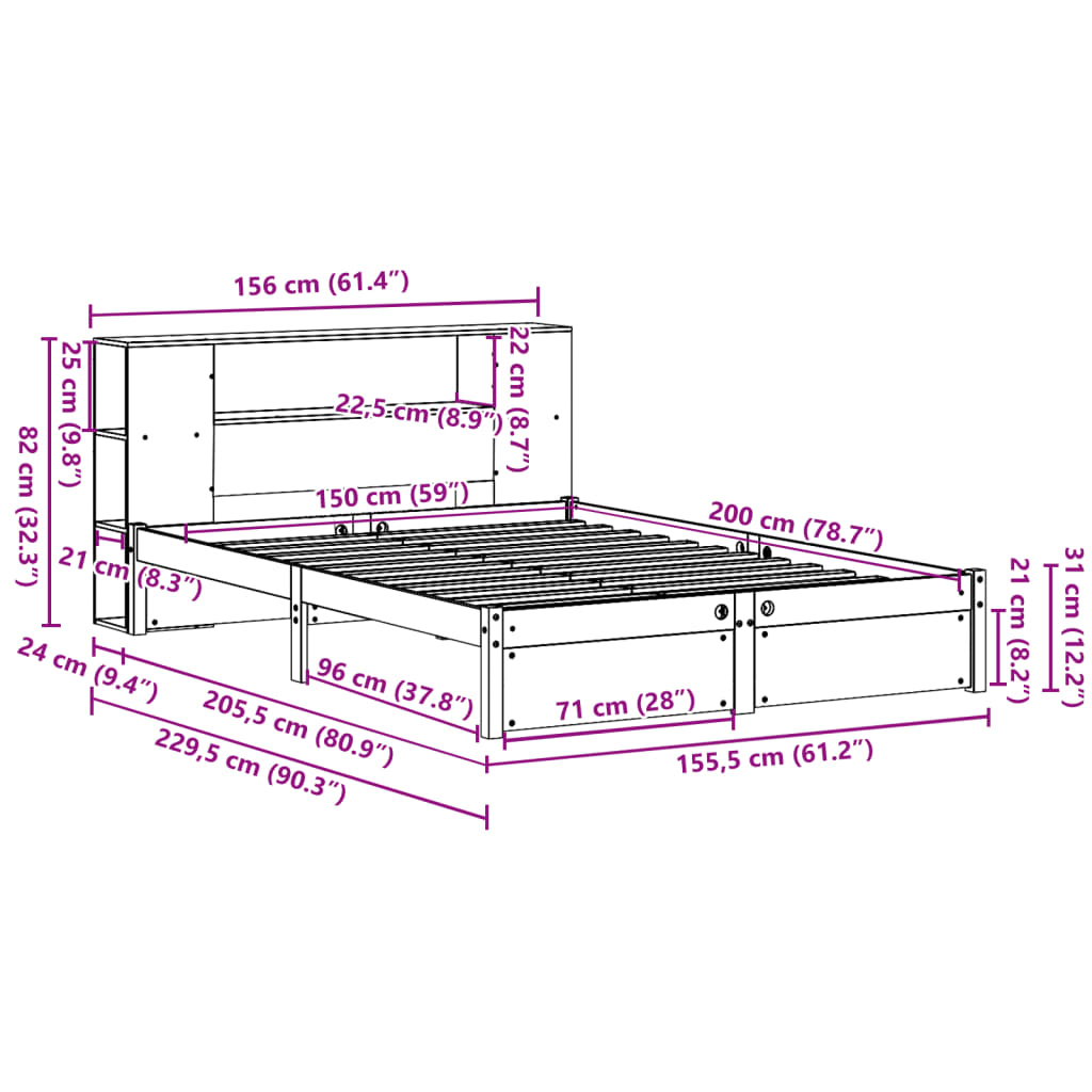 Bookcase Bed Without Mattress 150X200Cm King Size Solid Wood Pine