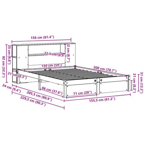 Bookcase Bed Without Mattress 150X200Cm King Size Solid Wood Pine