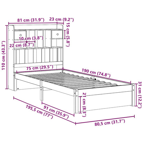 Bookcase Bed Without Mattress 75X190Cm Small Single Solid Wood Pine