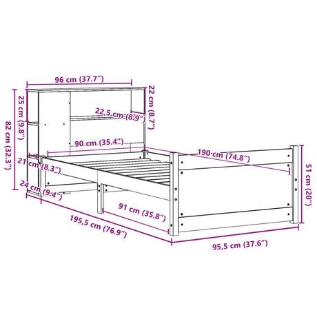 Bookcase Bed Without Mattress 90X190Cm Single Solid Wood Pine