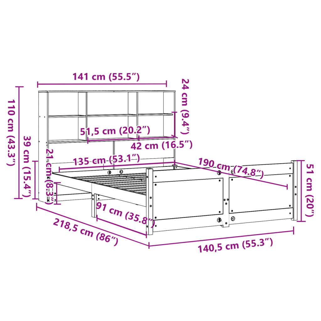 Bookcase Bed Without Mattress Double Solid Wood Pine