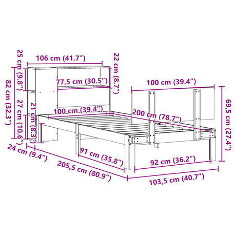 Bookcase Bed Without Mattress 100X200Cm Solid Wood Pine