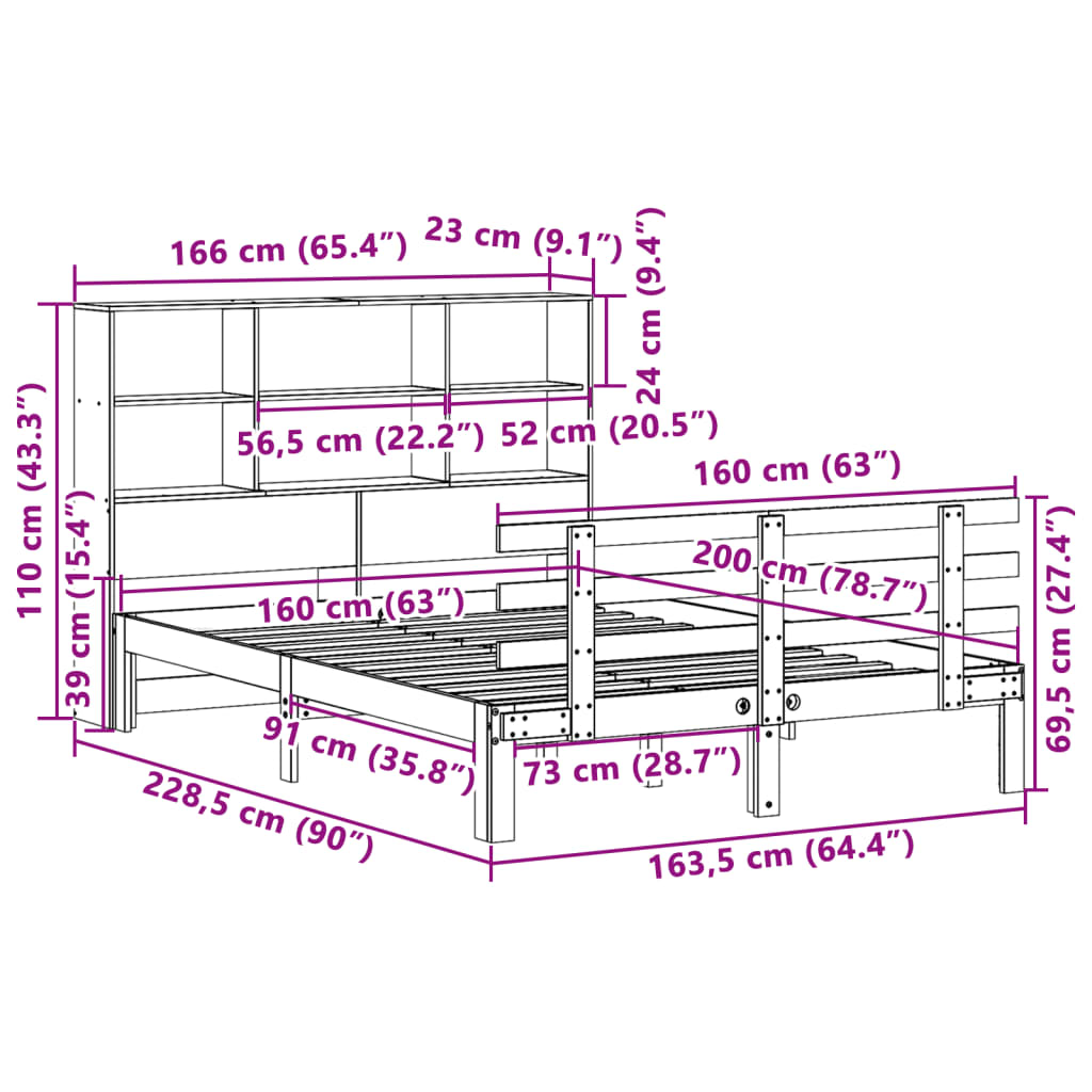 Bookcase Bed without Mattress Wax Brown 160x200cm Solid Wood Pine