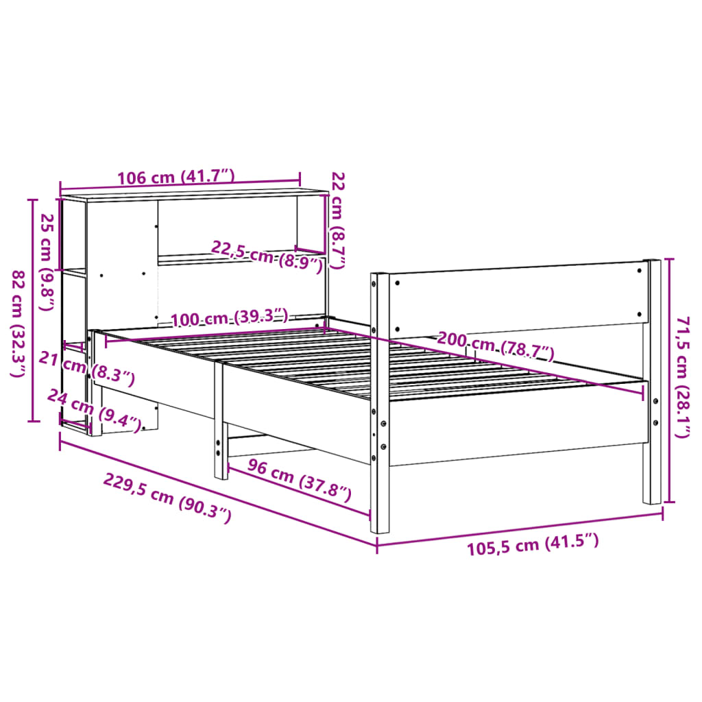 Bookcase Bed Without Mattress 100X200Cm Solid Wood Pine