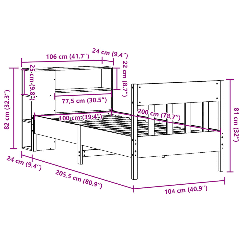 Bookcase Bed Without Mattress 100X200Cm Solid Wood Pine