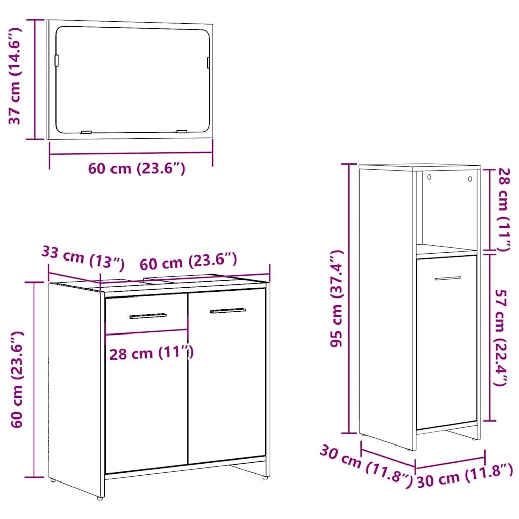 3 Piece Bathroom Furniture Set Engineered Wood