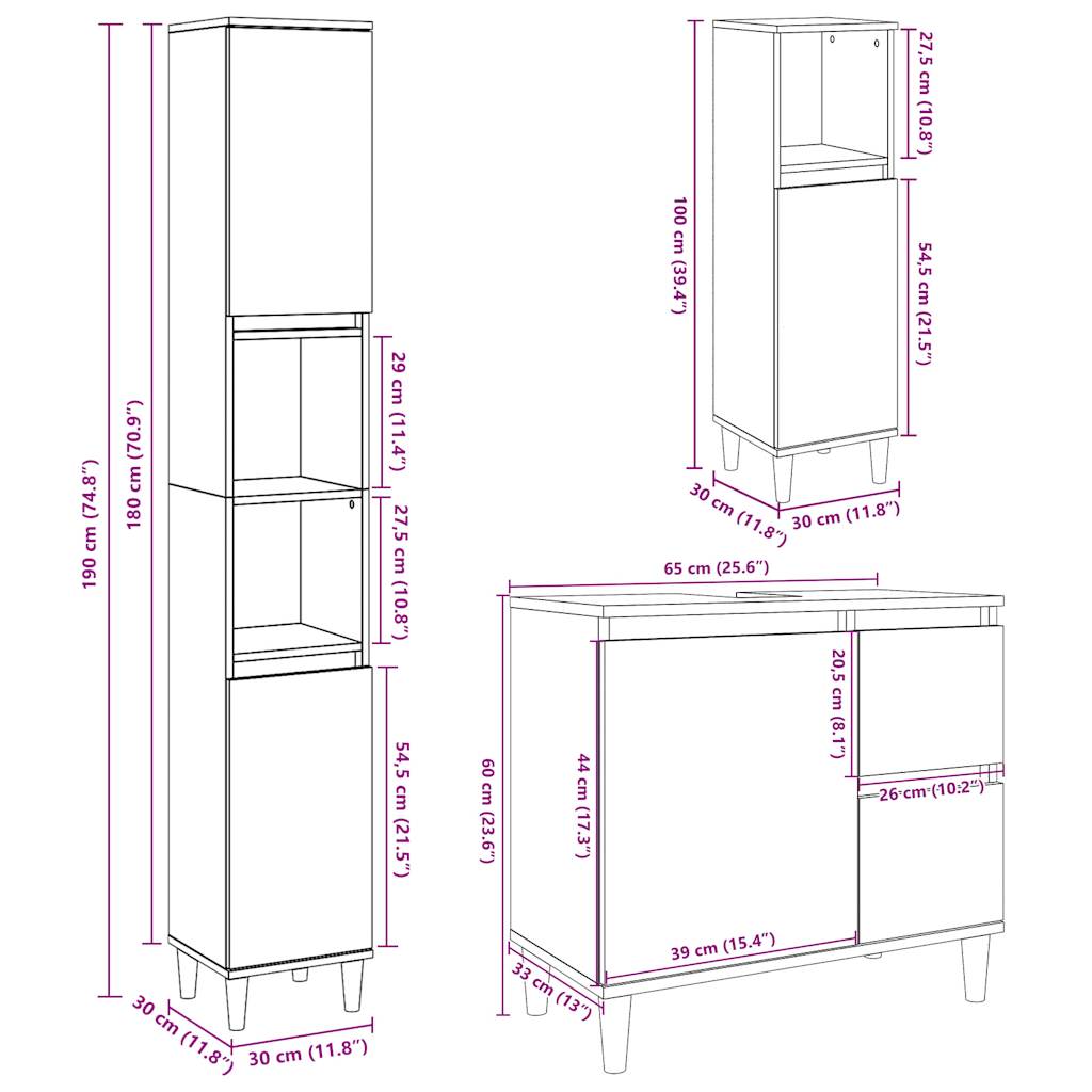 3 Piece Bathroom Furniture Set Engineered Wood