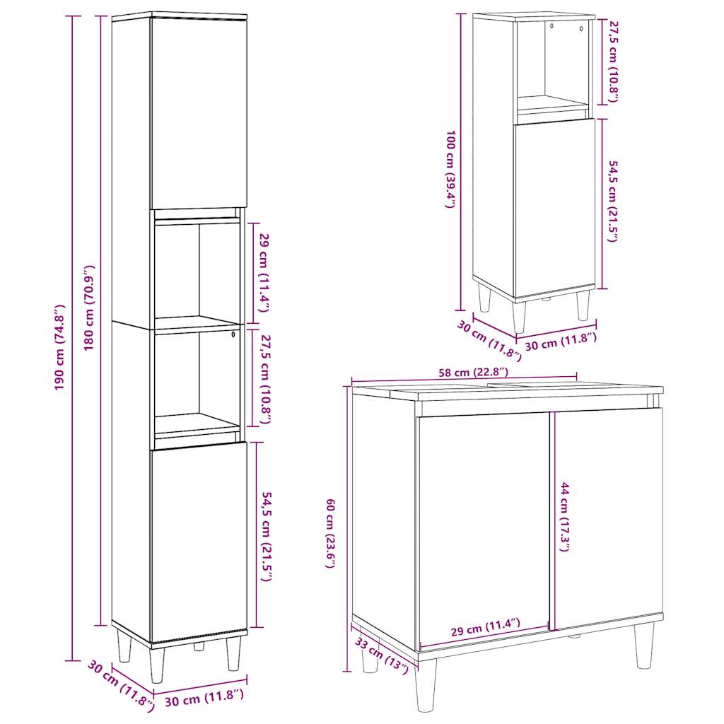 3 Piece Bathroom Furniture Set Engineered Wood
