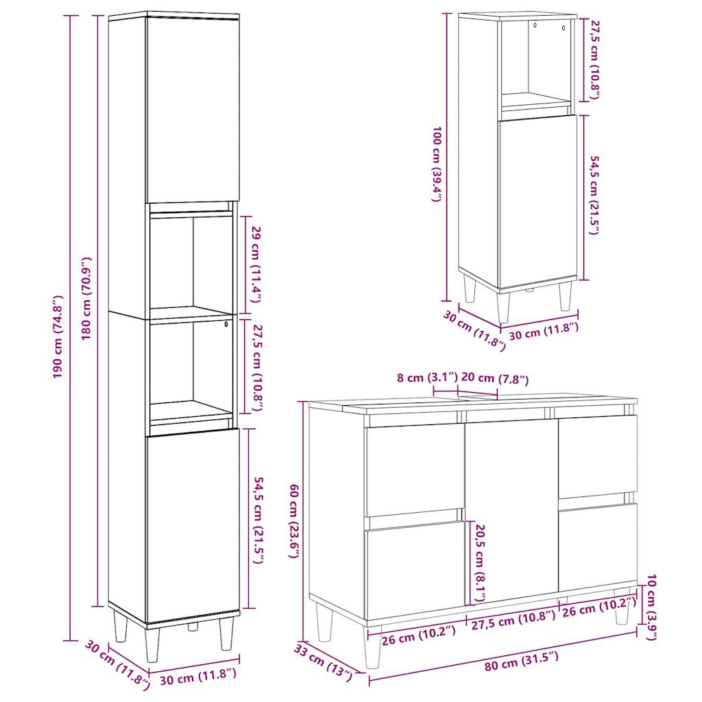 3 Piece Bathroom Furniture Set Engineered Wood
