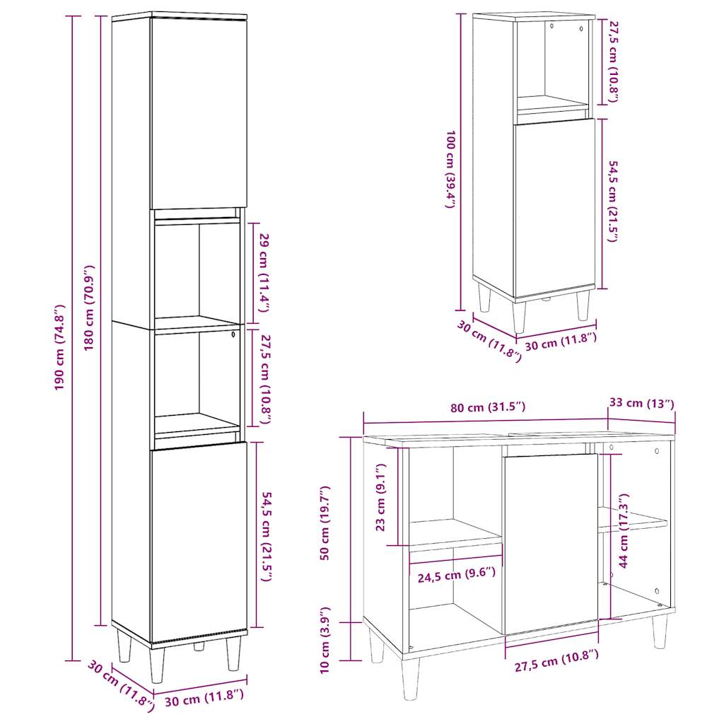 3 Piece Bathroom Furniture Set Engineered Wood