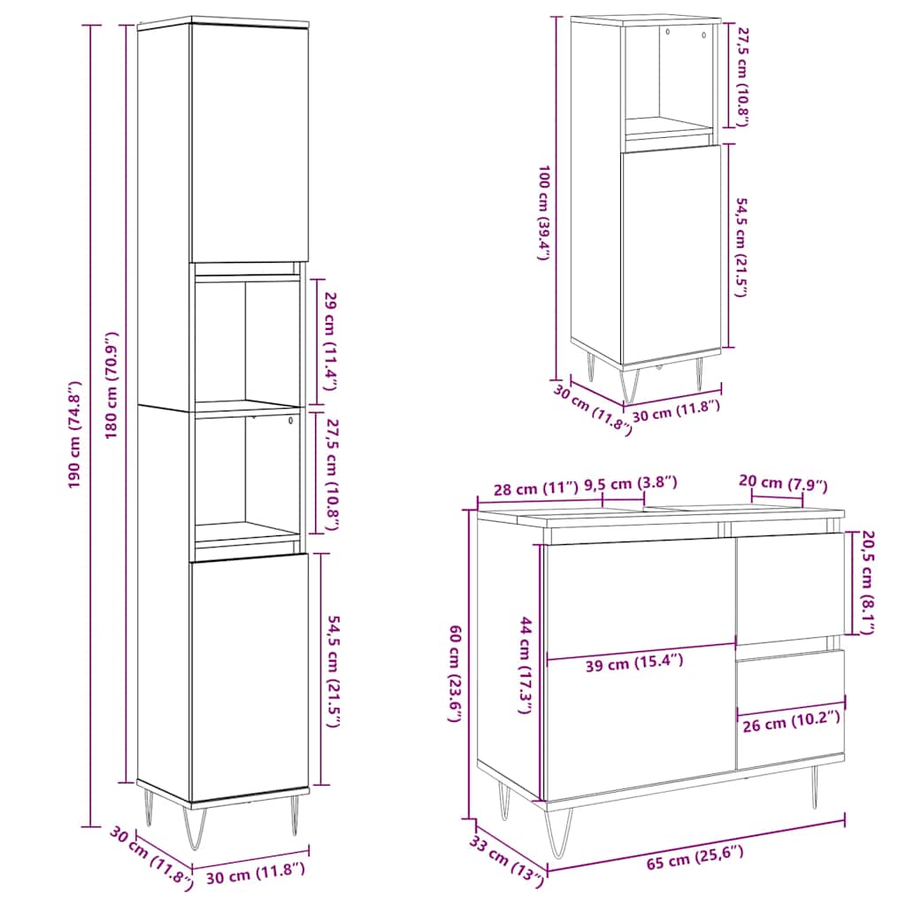 3 Piece Bathroom Furniture Set Engineered Wood