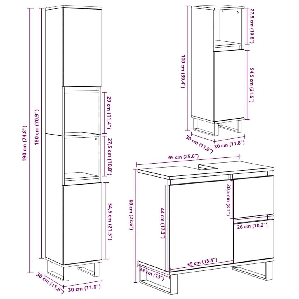 3 Piece Bathroom Furniture Set Engineered Wood