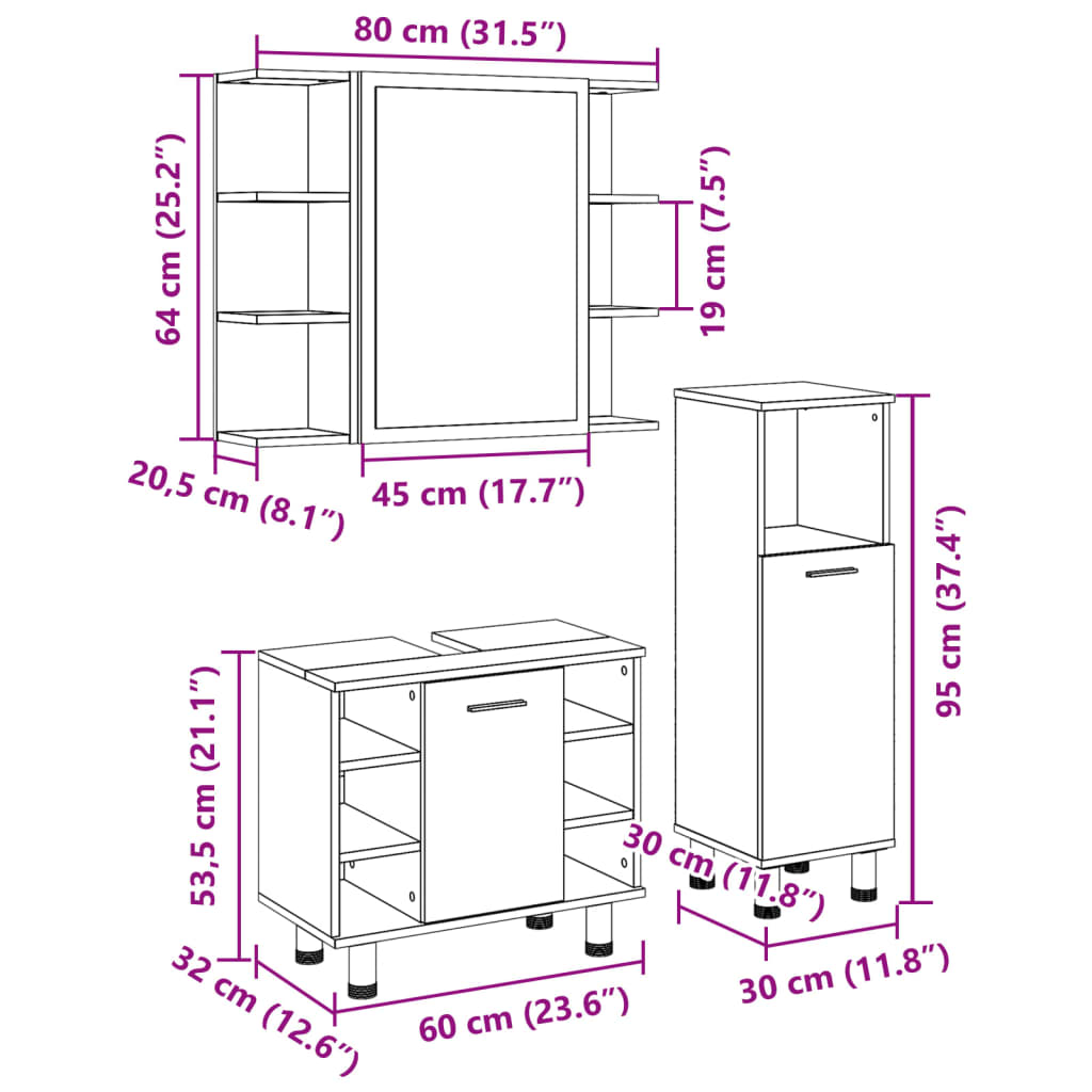 3 Piece Bathroom Furniture Set Engineered Wood