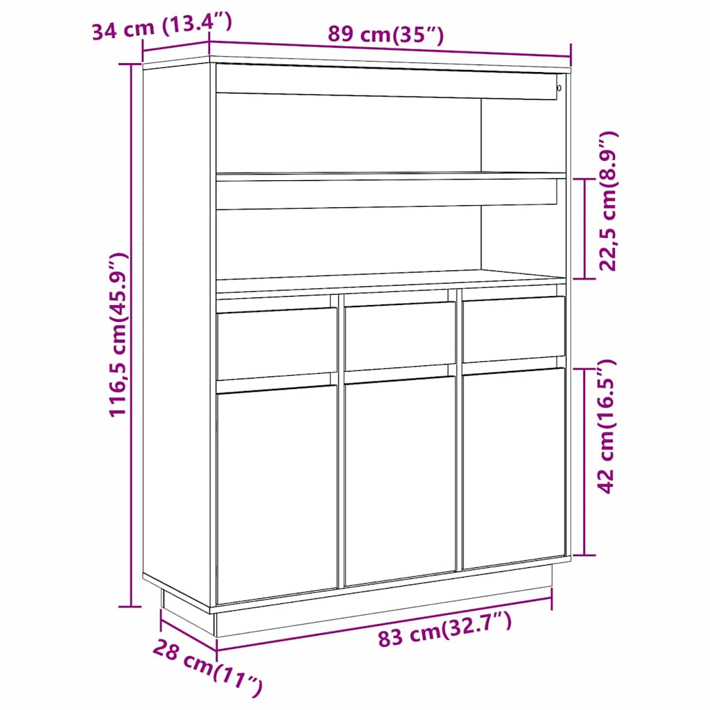 Highboard 89X34X116.5 Cm Solid Wood Pine
