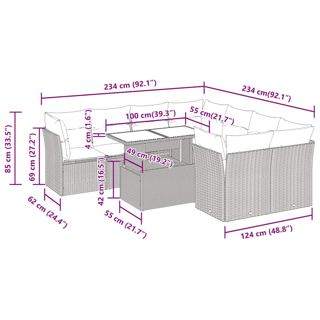 9 Piece Garden Sofa Set With Cushions Poly Rattan Acacia