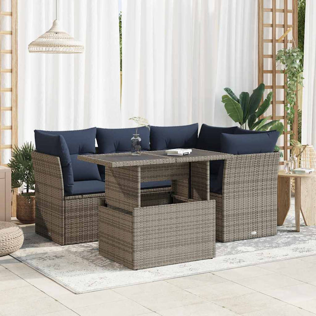 5 Piece Garden Sofa Set With Cushions Poly Rattan Acacia